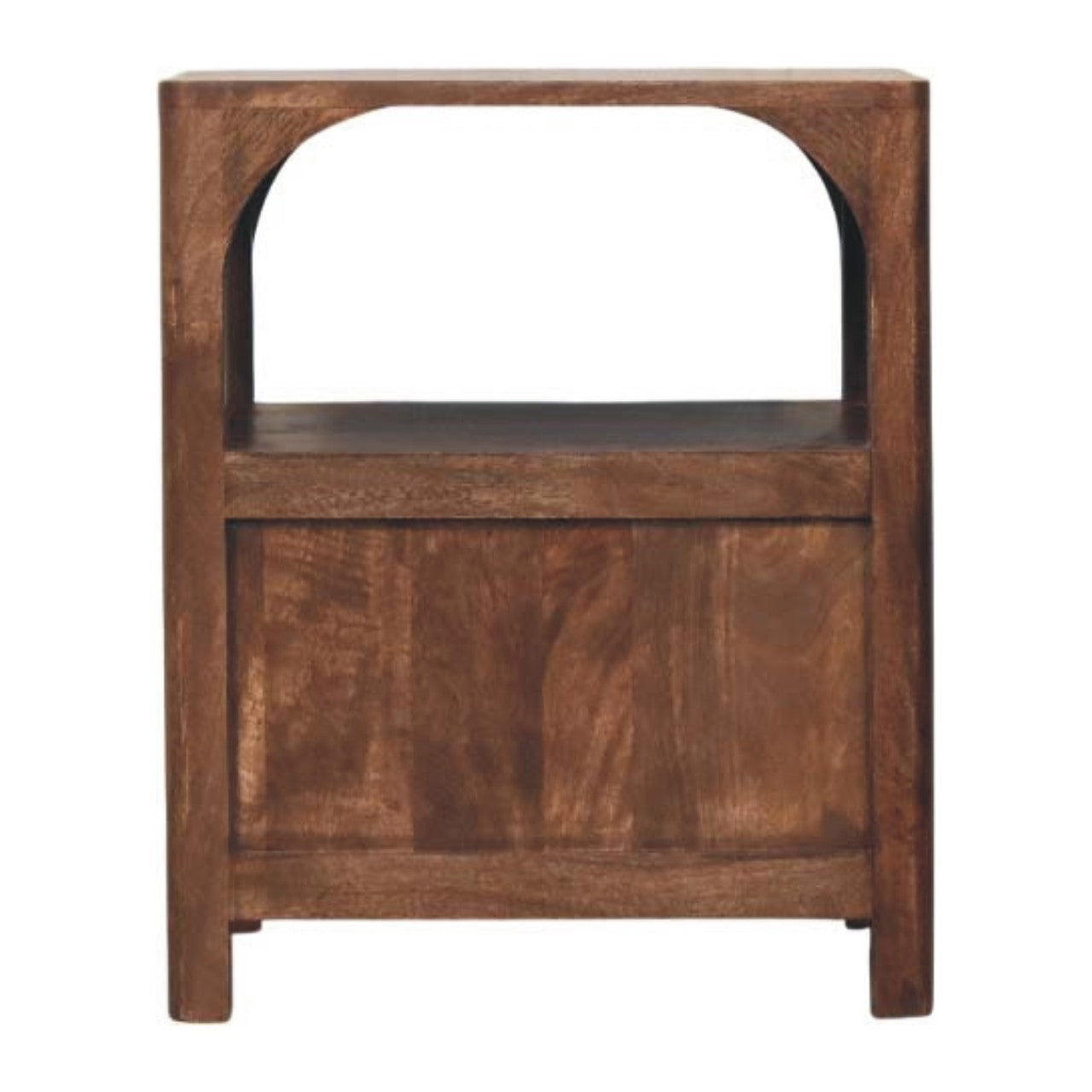 Dark brown wooden bedside table with curved arch and open shelf in roasted almond finish for bedroom use
