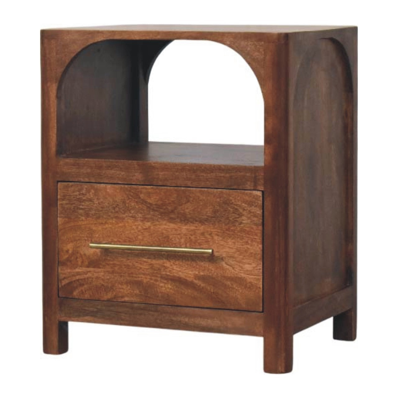 Dark brown wooden bedside table with open shelf and brass handle in roasted almond finish for stylish storage