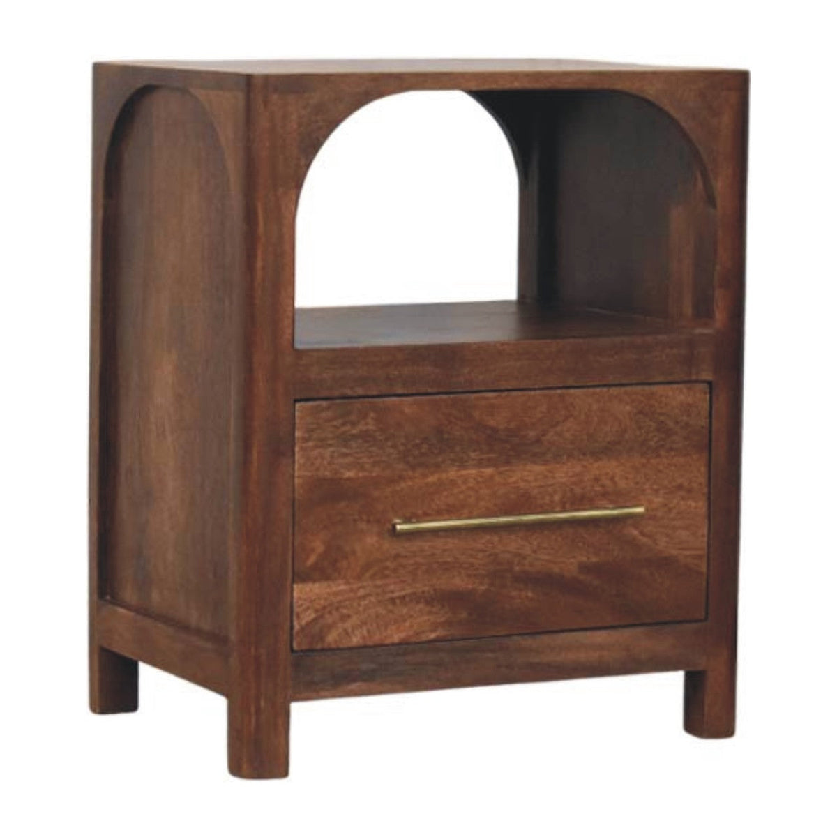 Dark brown wooden arc-line bedside table with open shelf and brass handle in roasted almond finish