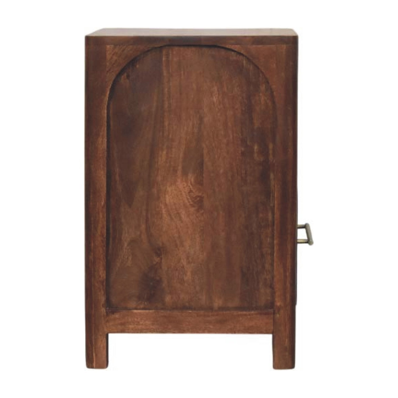 Dark brown wooden bedside table with arched door, small metal handle, and open shelf in roasted almond finish