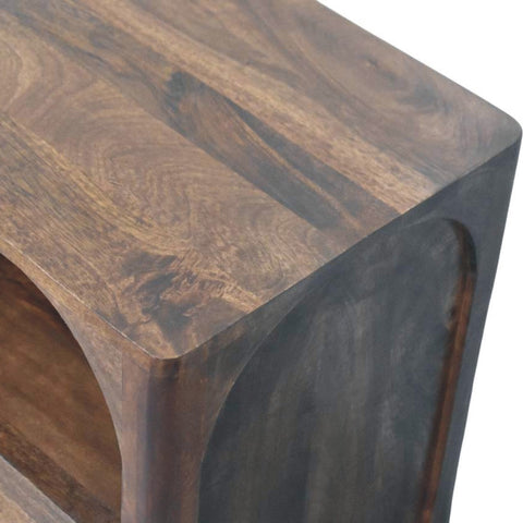 Dark brown wooden bedside table with open shelf and roasted almond finish showing natural wood grain patterns