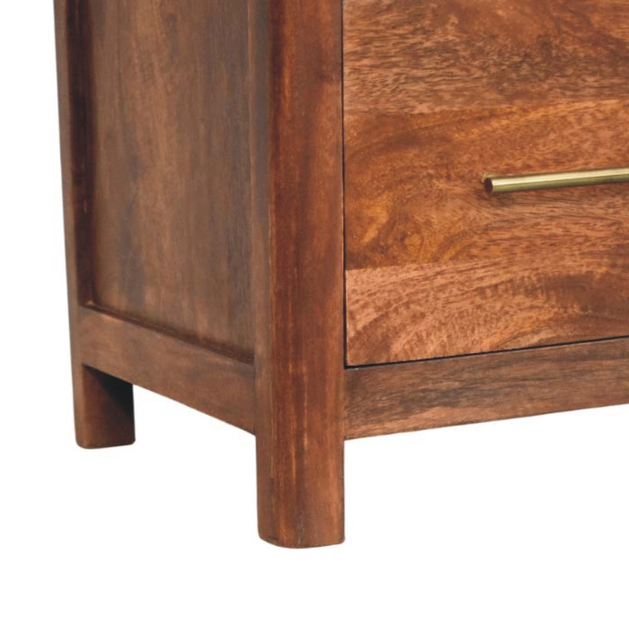 Rich brown wooden arc-line bedside table with open shelf and brass drawer pull in roasted almond finish