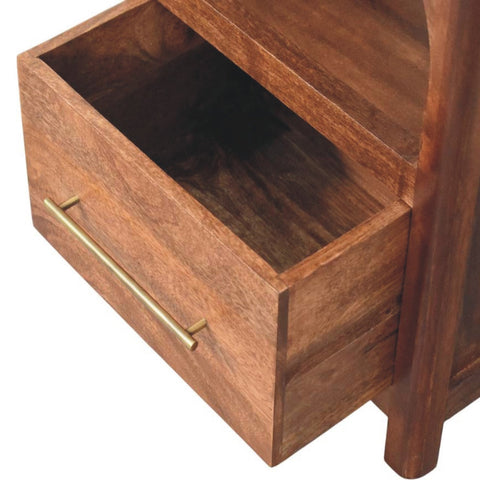 Arc-line bedside table drawer with roasted almond finish and sleek brass handle in open shelf design