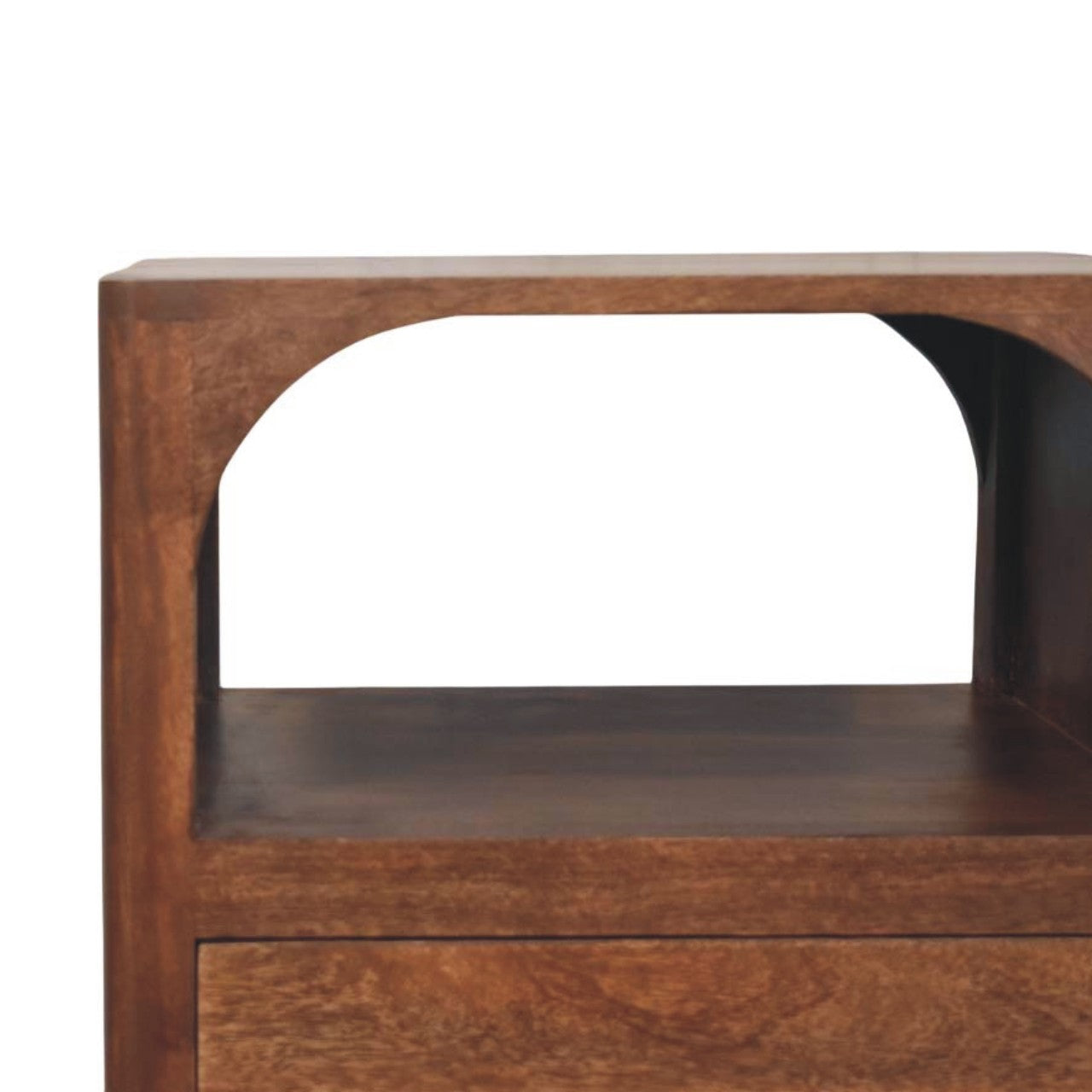 A warm brown wooden bedside table with a curved archway open shelf and roasted almond finish drawer