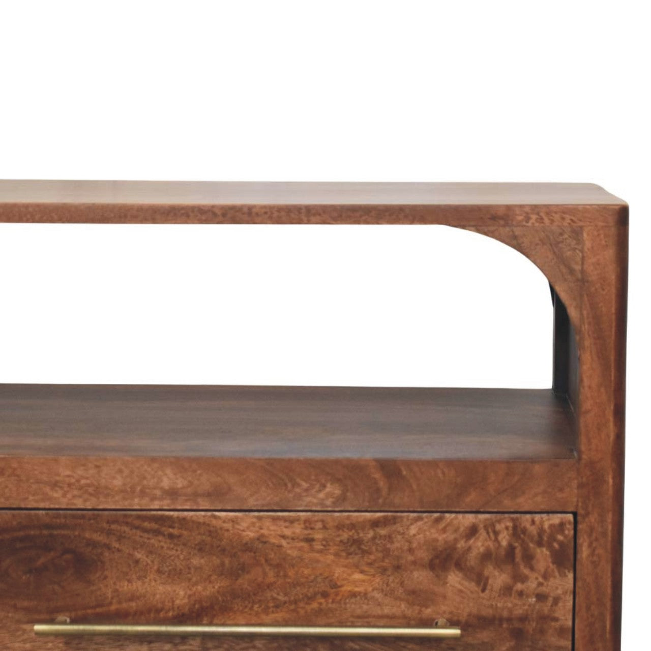 Brown wooden arc-line media console with curved top edge and brass handle in roasted almond finish for living room