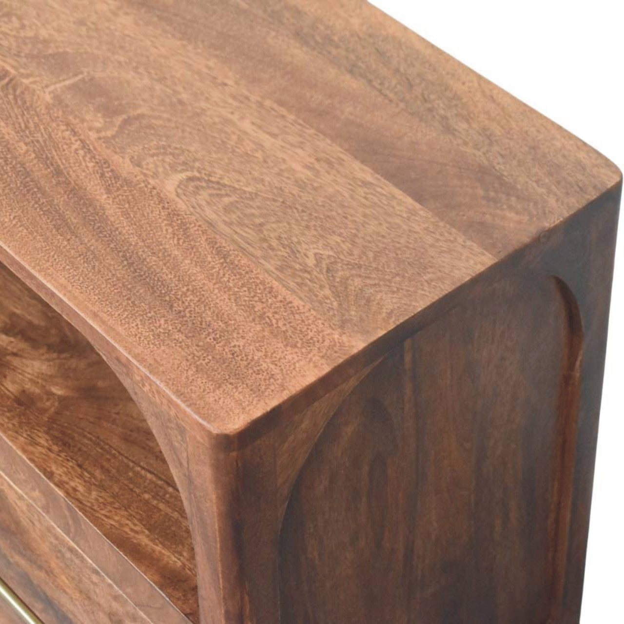 Brown wooden arc-line media console table with roasted almond finish and smooth polished wood grain for living room