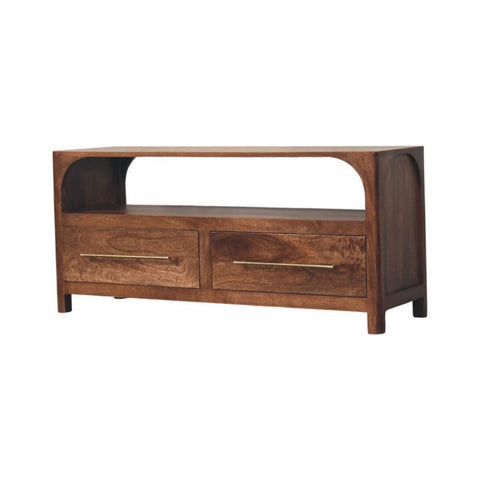 Dark brown wooden arc-line media console with two drawers and curved open shelf in roasted almond finish for living room
