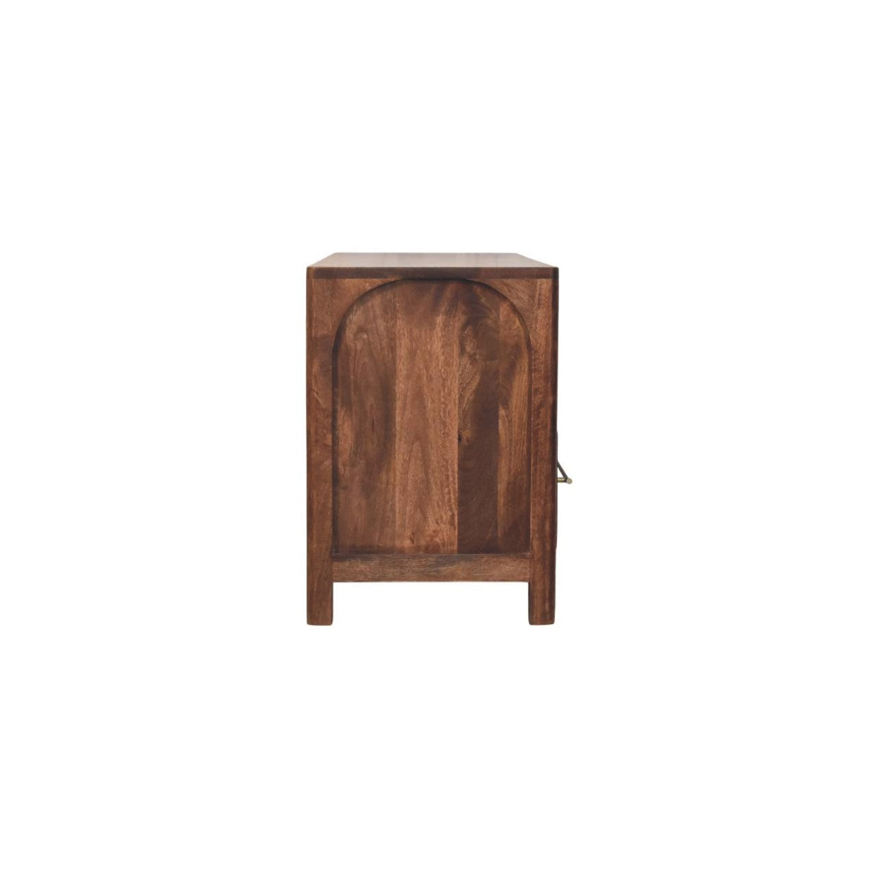 Dark brown wooden arc-line media console with arched door and metal handle perfect for living room with roasted almond finish