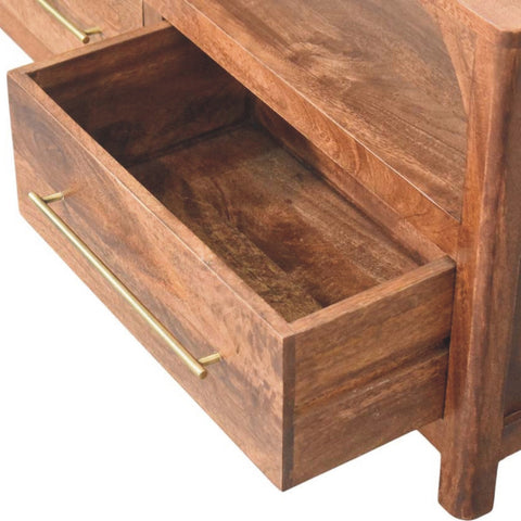 Rustic wooden arc-line media console with roasted almond finish and brass pulls perfect for living room storage