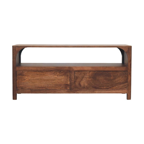 Solid wood arc line media console table with roasted almond finish and minimalist design for living room use