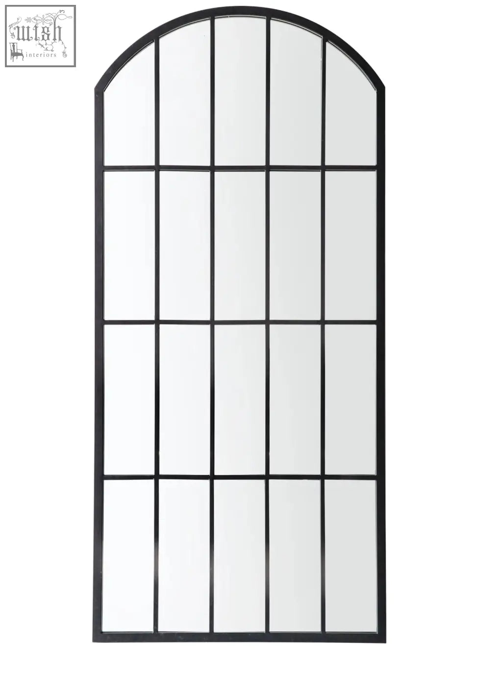 Black wrought iron arched mirror with window pane design and metal black frame perfect for outdoor use