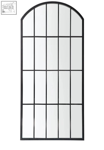 Black wrought iron arched mirror with window pane design and metal black frame perfect for outdoor use