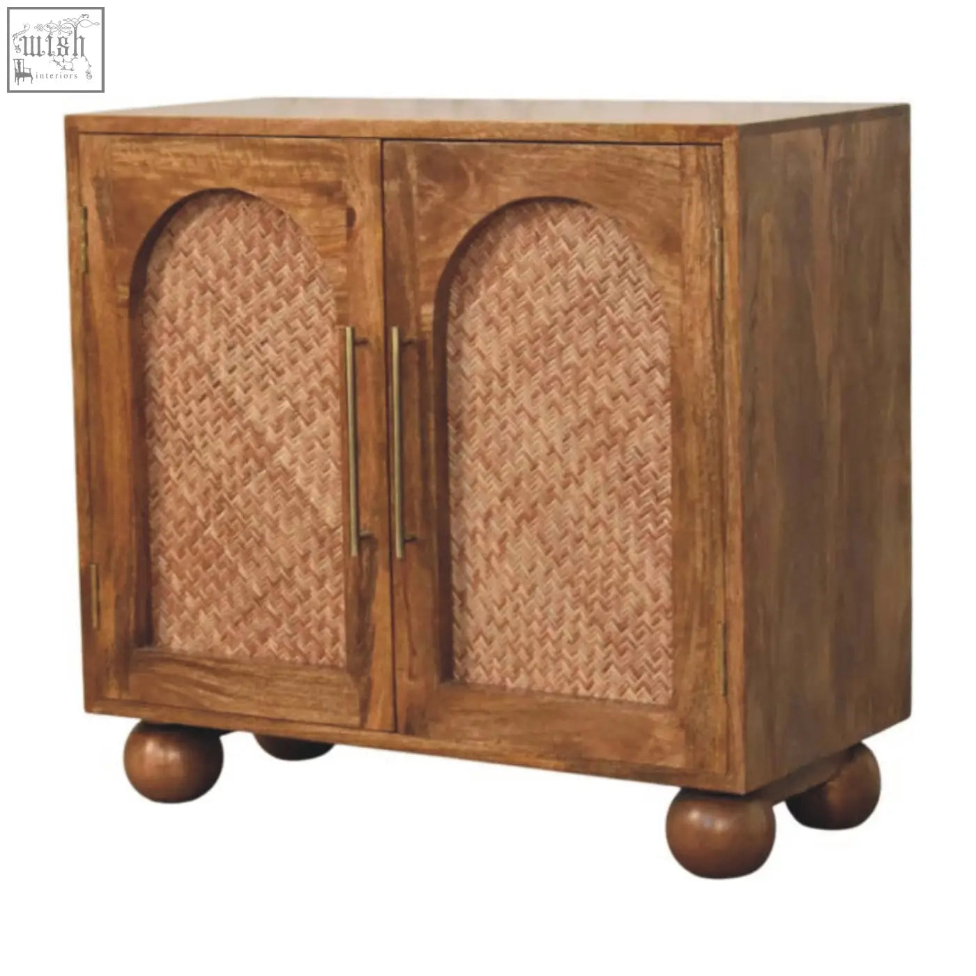 Brown wooden arched rattan two-door sideboard with woven cane panels and brass handles on rounded feet