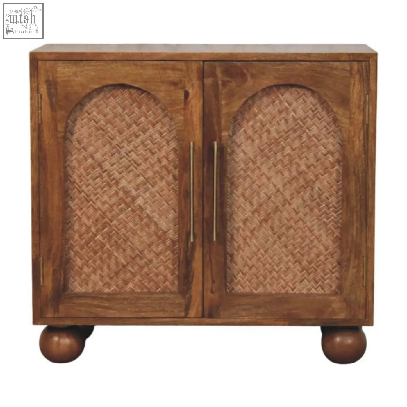 Brown wooden arched rattan two-door sideboard with woven cane panels brass handles and rounded ball feet