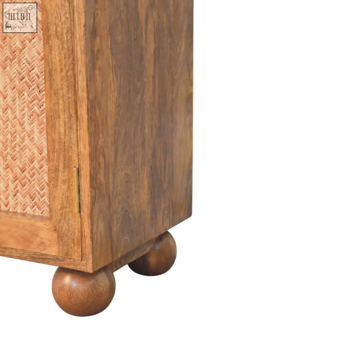 Arched rattan two-door sideboard with rustic wood, woven cane panels, and rounded ball feet for stylish storage