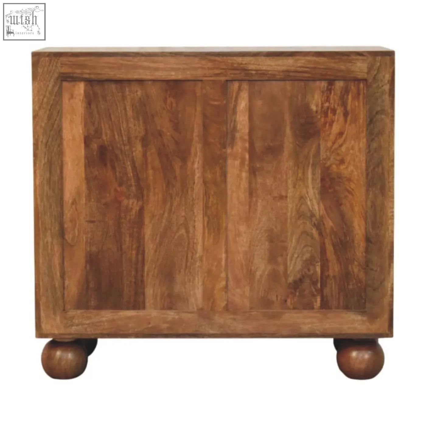 Arched rattan two-door sideboard in solid wood with warm natural finish and rounded ball feet