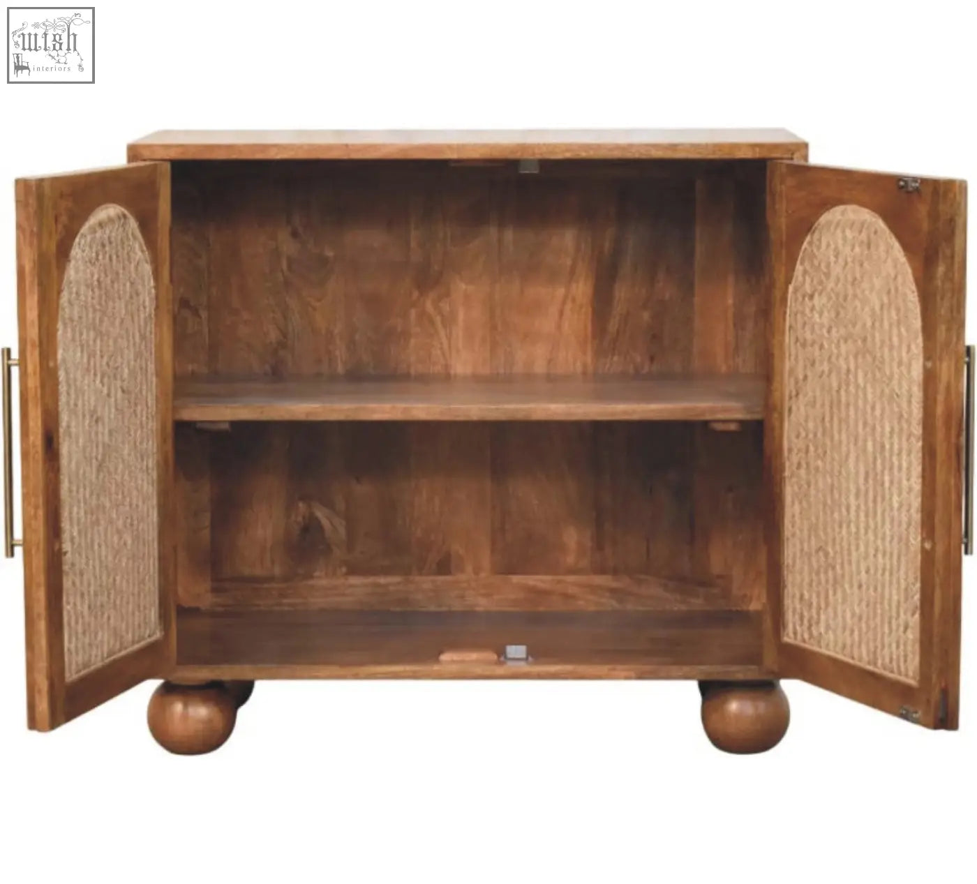 Arched rattan two-door sideboard with warm-toned wooden frame arched cane panel doors and rounded ball feet