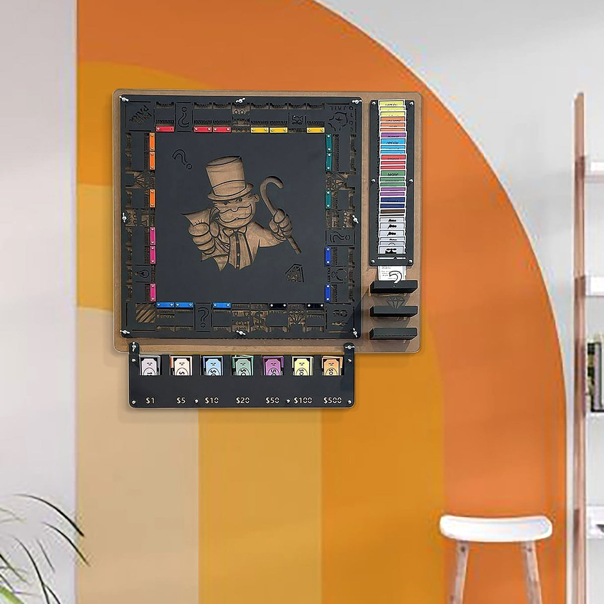 Black monopoly-themed archopoly wall game featuring gold-toned mr with community chest cards on a flat surface for all age ranges