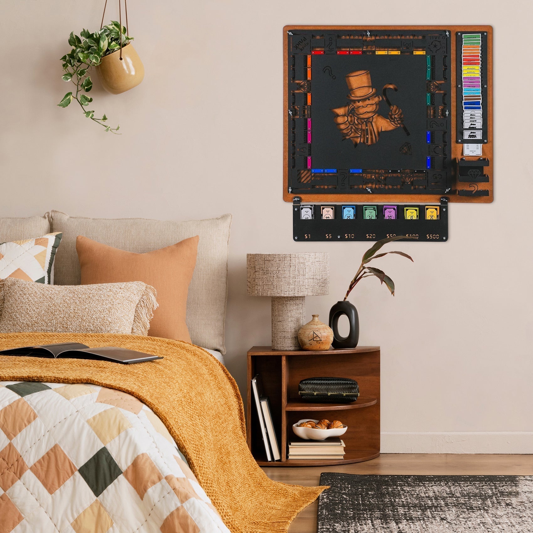 Archopoly wall game wooden framed monopoly on flat surface with chalkboard, colorful property spaces, and community chest cards for all age ranges