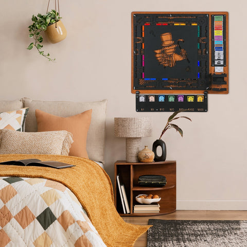 Archopoly wall game wooden framed monopoly on flat surface with chalkboard, colorful property spaces, and community chest cards for all age ranges