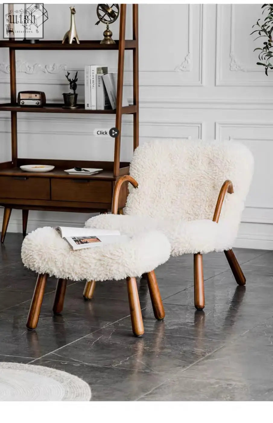 Cream-colored arctander clam armchair made of long hair sheepskin with curved wooden legs and matching ottoman