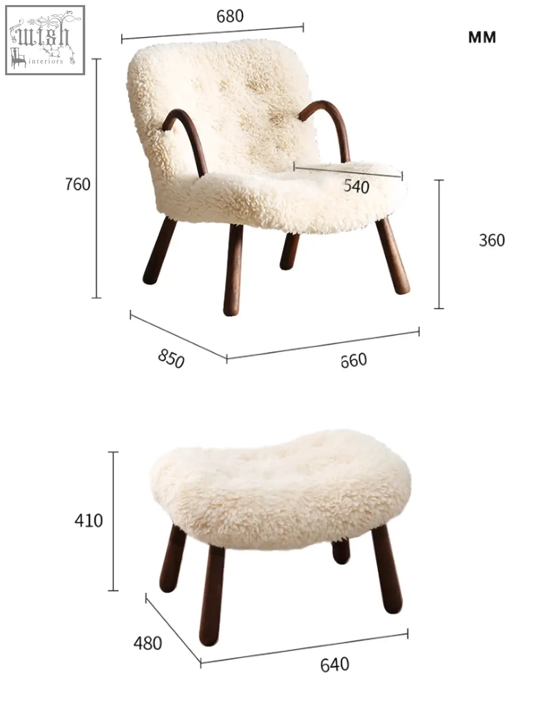 Cream-colored arctander clam sheepskin armchair with long hair and curved wooden legs with matching ottoman