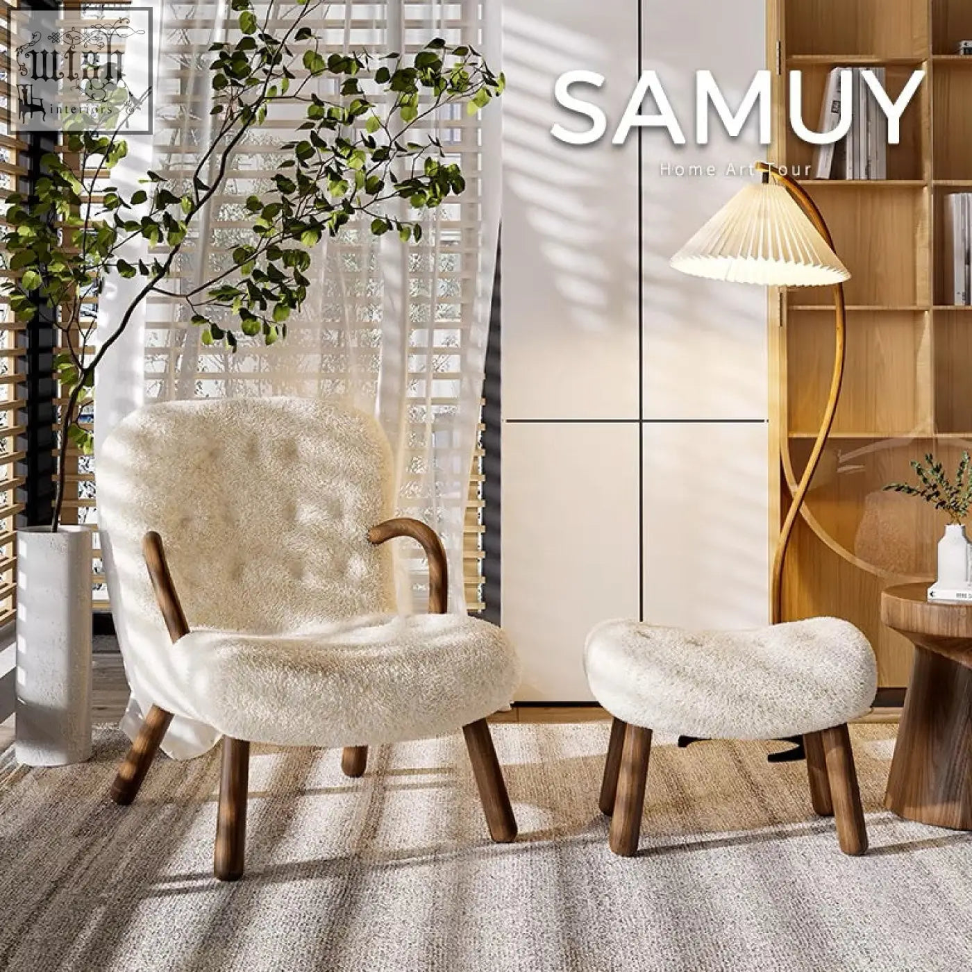 Cream-colored plush arctander clam armchair with tufted back and wooden legs in long hair sheepskin material