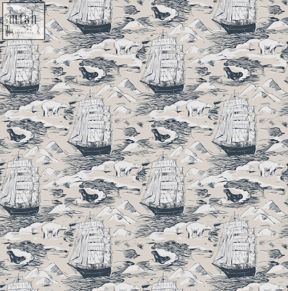 Nautical fabric featuring black and white line drawings of ships polar bears and seals in arctic quest monochrome design