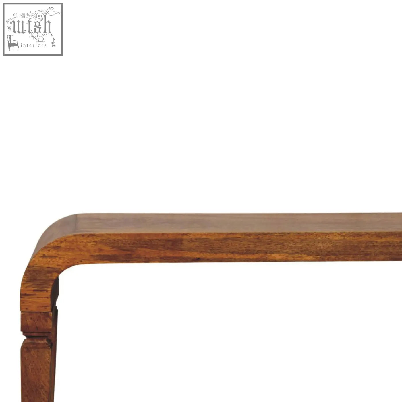 Arcus coffee table in warm medium brown oak solid mango wood with smooth curved edges perfect for living room use