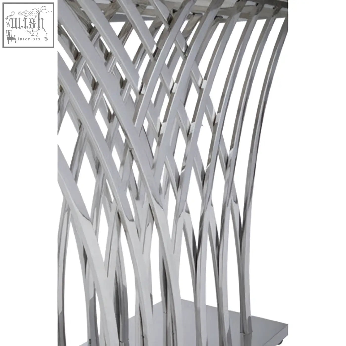 Silver metallic console table with curved lattice design for arenza black marble console table collection