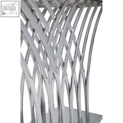 Silver metallic console table with curved lattice design for arenza black marble console table collection