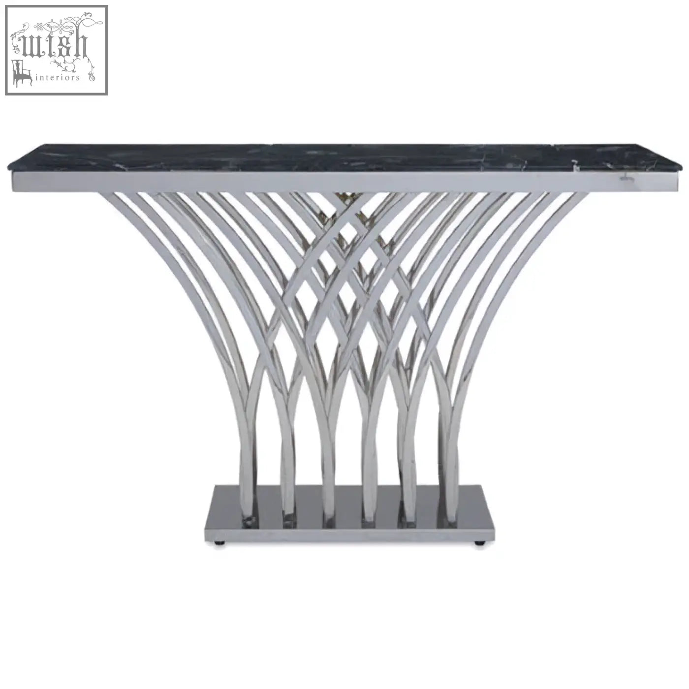 Arenza black marble console table with sleek black marble top and curved chrome metal base for modern spaces