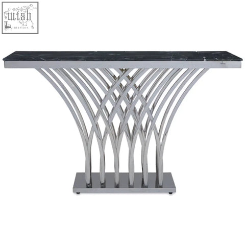 Arenza black marble console table with sleek black marble top and curved chrome metal base for modern spaces