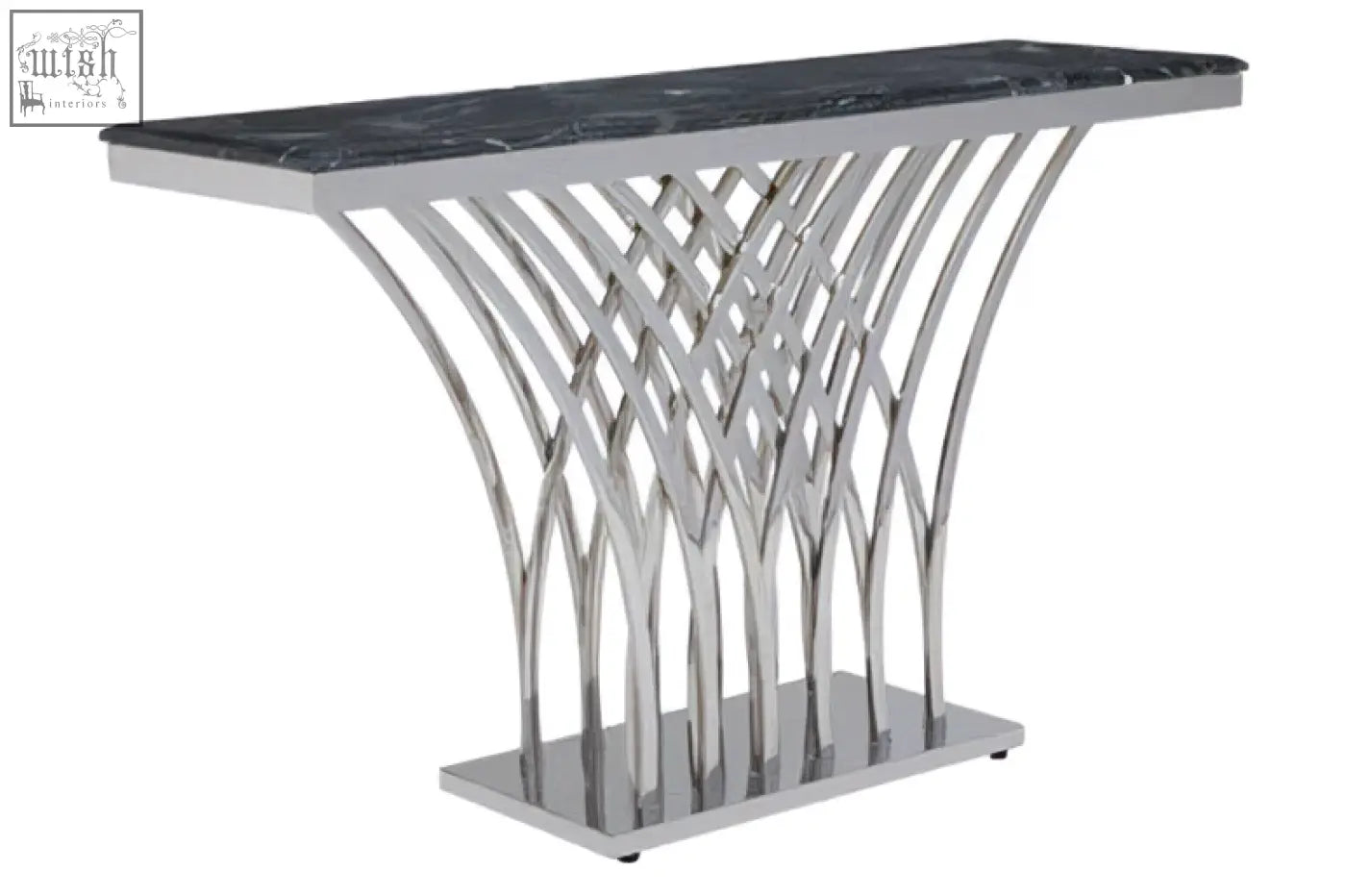 Arenza black marble console table with sleek black marble top and elegant curved silver metal base