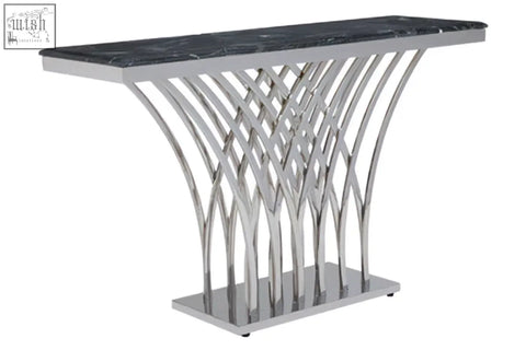 Arenza black marble console table with sleek black marble top and elegant curved silver metal base