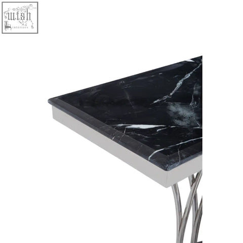 Arenza black marble console table with black marble top and sleek silver metallic legs for modern interiors