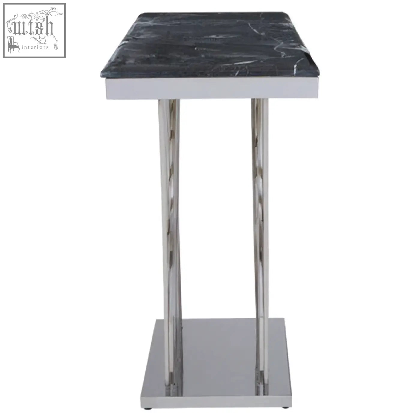 Arenza black marble console table with black marble top and sleek silver chrome legs and base