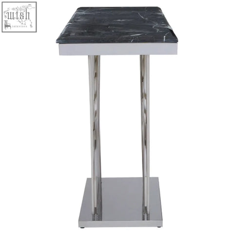Arenza black marble console table with black marble top and sleek silver chrome legs and base