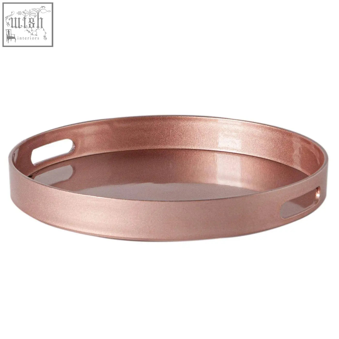 Argon Tableware round serving tray in rose gold metallic with two handles perfect for stylish serving