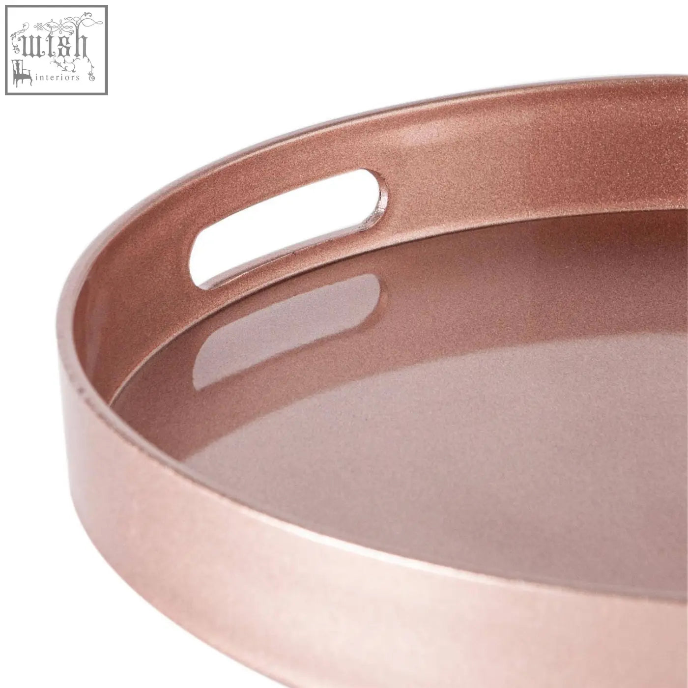 Rose gold metallic argon tableware round serving tray with integrated handles 33cm perfect for serving
