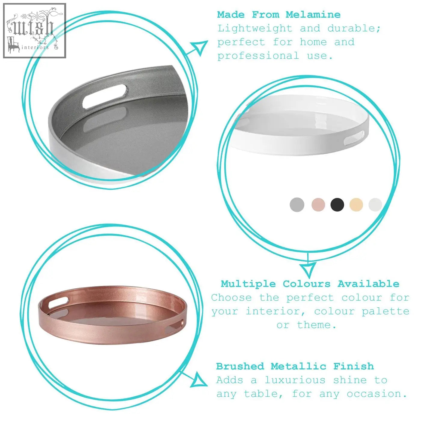 Argon tableware round serving tray 33cm in rose gold melamine with brushed metallic finish and integrated handles