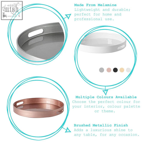 Argon tableware round serving tray 33cm in rose gold melamine with brushed metallic finish and integrated handles