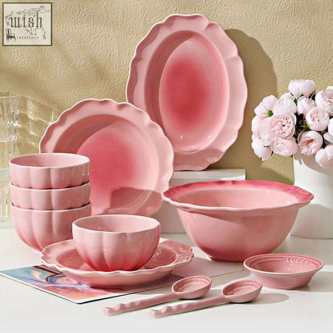 Pink ceramic aria dinner set with scalloped edges and gradient finish perfect for stylish dining sets