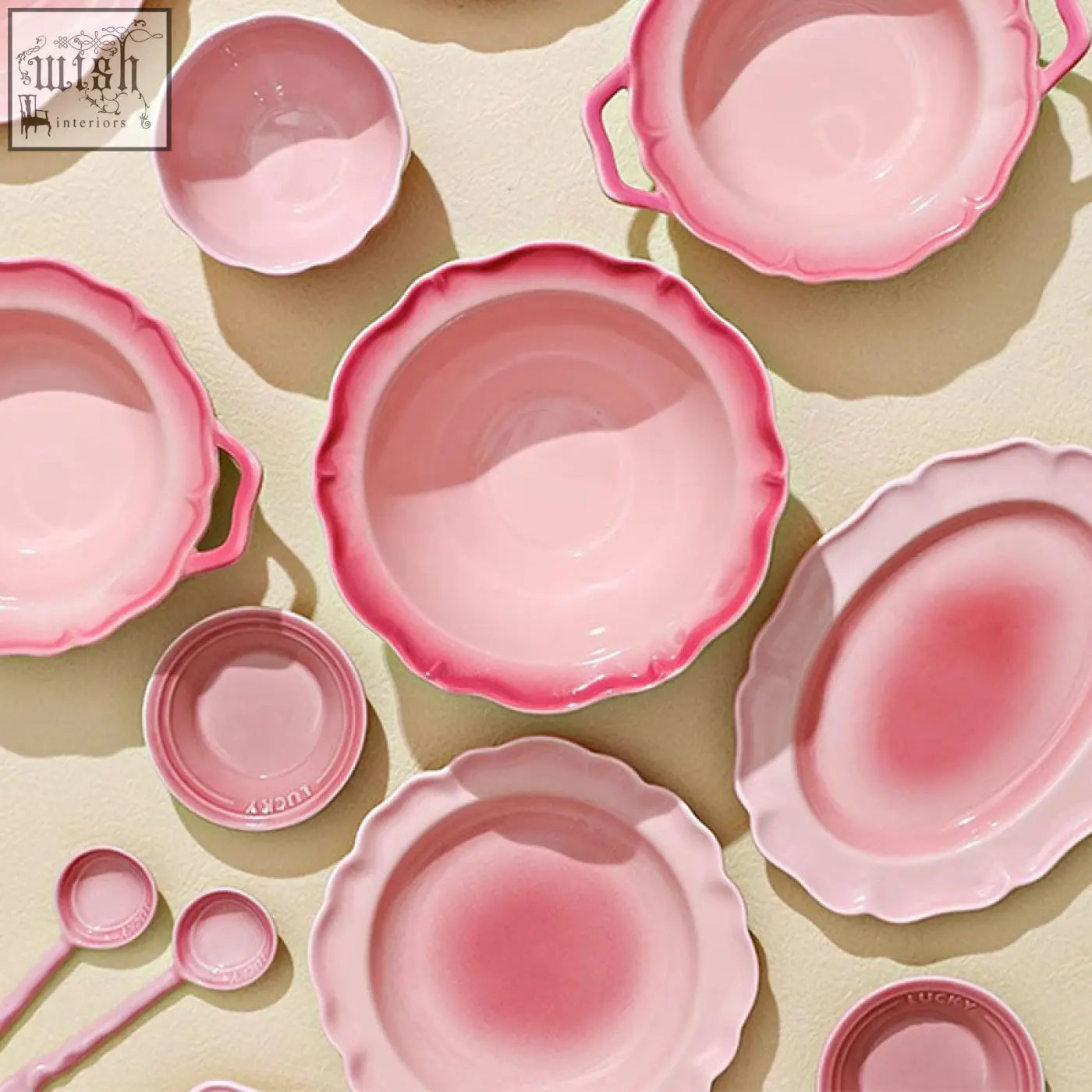 Aria dinner set pink ceramic dining set with scalloped edges dual handles and gradient light to deep pink finish