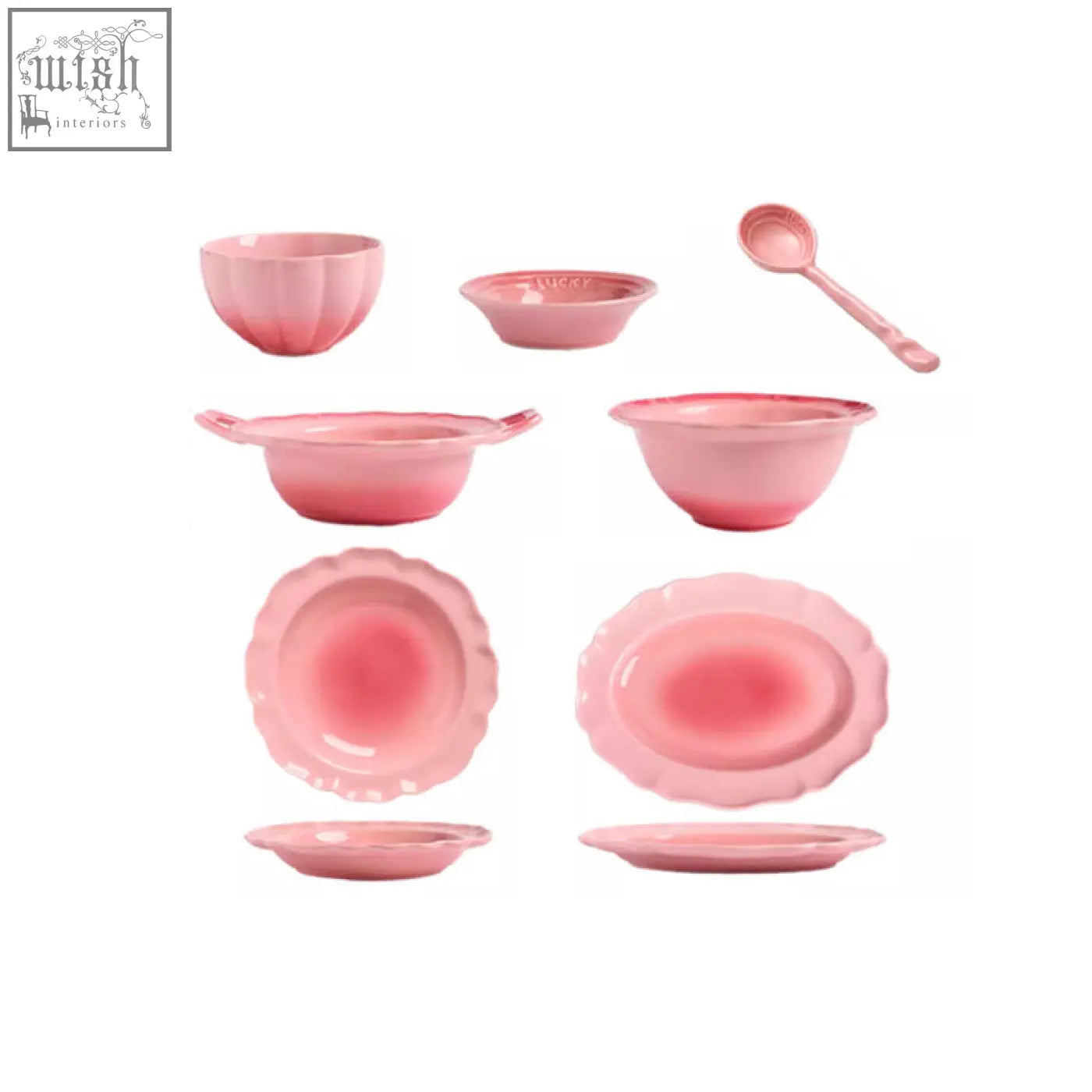 Pink gradient ceramic aria dining set with scalloped edges and matching spoon for elegant table settings