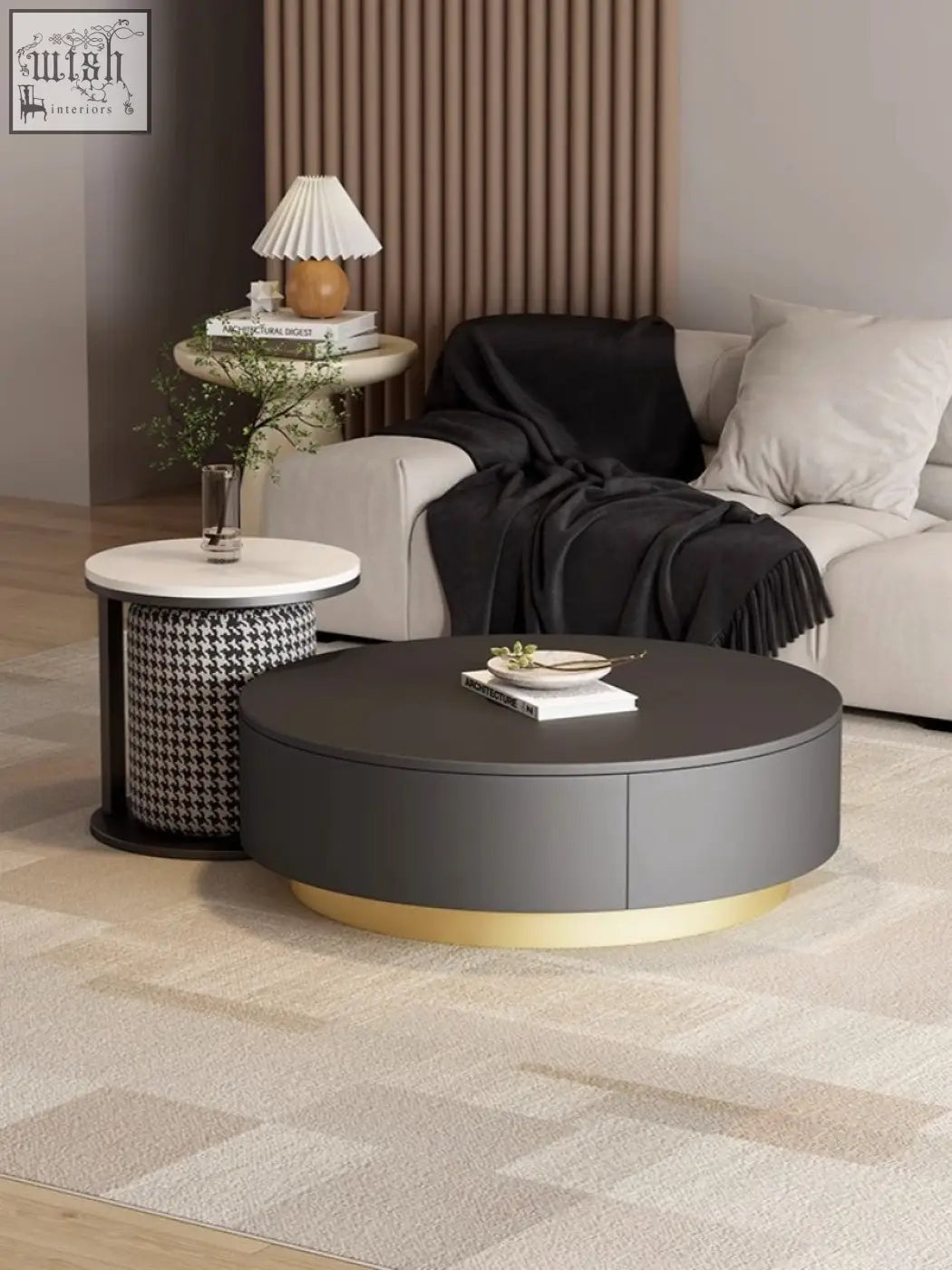 Modern round aria marble coffee table set with matte gray top and gold base including footstool coffee table offers