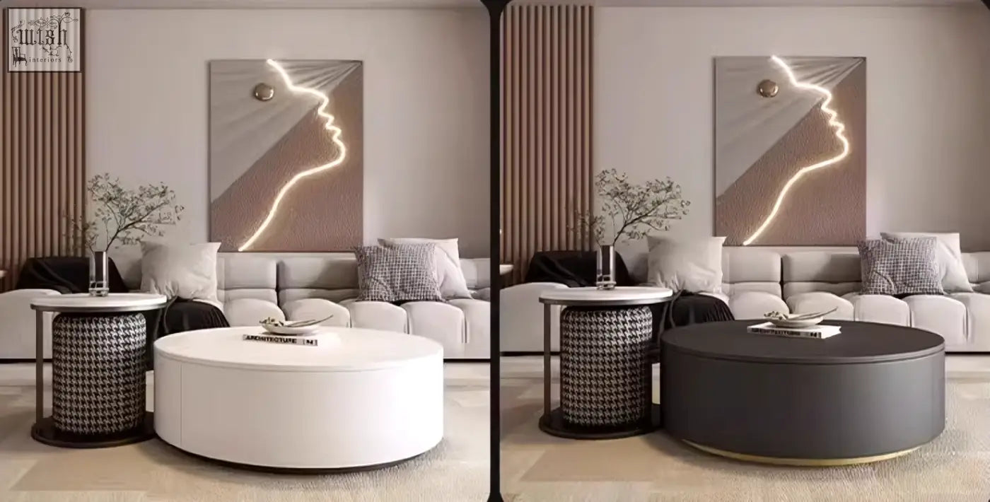 A modern aria marble coffee table set with white oval and dark gray circular coffee tables and a matching footstool coffee table