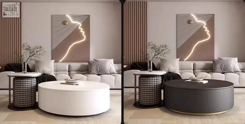 A modern aria marble coffee table set with white oval and dark gray circular coffee tables and a matching footstool coffee table