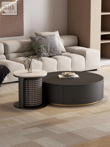 Modern oval aria marble coffee table set with dark gray top and gold base featuring a sleek footstool coffee table design