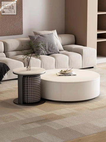 White oval marble coffee table with smooth surface and subtle drawer detail perfect as a footstool coffee table offer
